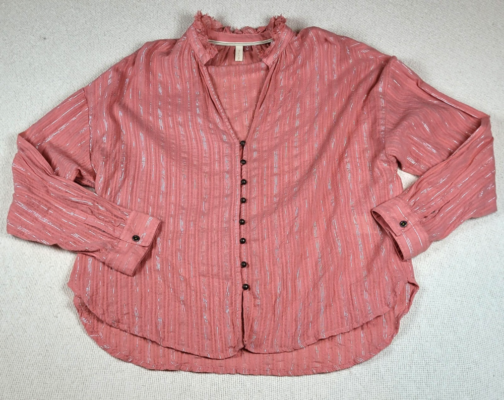 Pilcro Shirt Womens Medium Metallic Stripe Button Front Frayed Boho Blouse Top